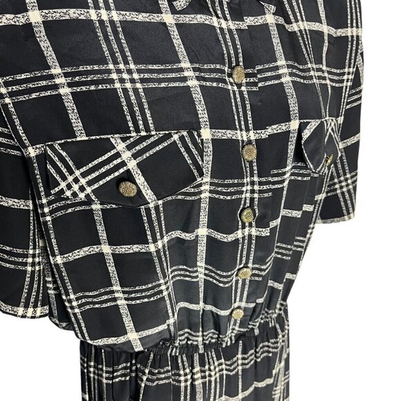 Vintage Leslie Fay Size 10 Windowpane Plaid Pocket Shirt House Dress Black White - Picture 2 of 5